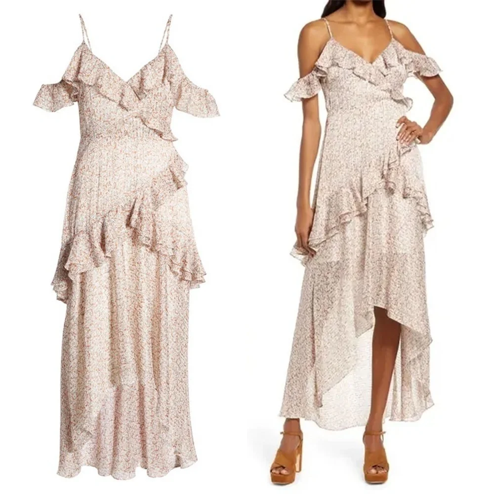 FLORET STUDIOS | Cold Shoulder Asymmetric Ruffle Dress In Rust-Cream | Size XS